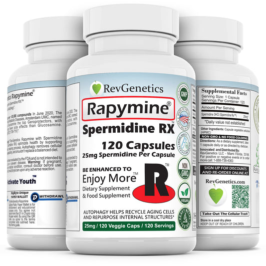 REVGENETICS Rapymine 25mg spermidine capsules for daily wellness.
