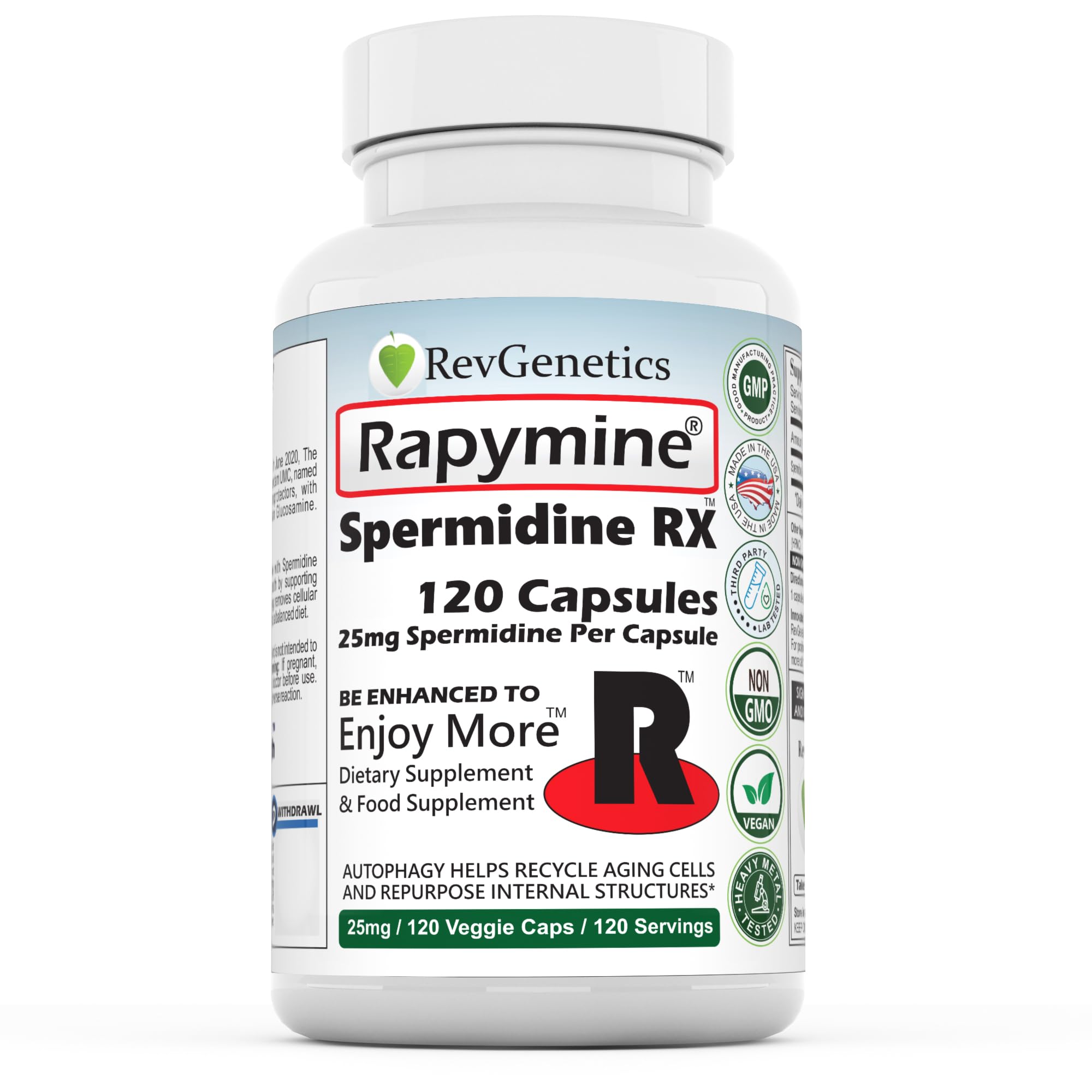 Close-up of Rapymine capsule emphasizing 25mg spermidine per capsule.