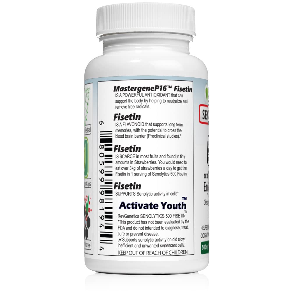 REVGENETICS Senolytics 500 label detail showing dosage and ingredients