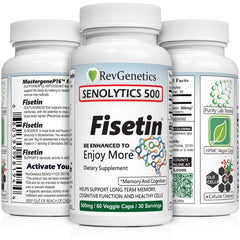 REVGENETICS Senolytics 500 pills close-up highlighting high-potency fisetin for daily use