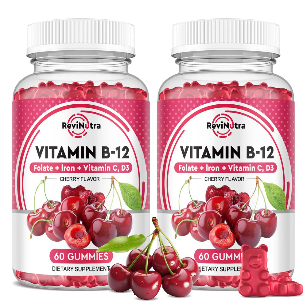 ReviNutra B12 Gummies bottle showing cherry flavor and energy support