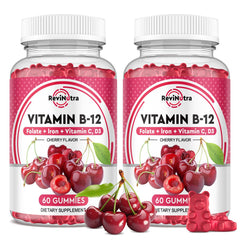 ReviNutra B12 Gummies bottle showing cherry flavor and energy support