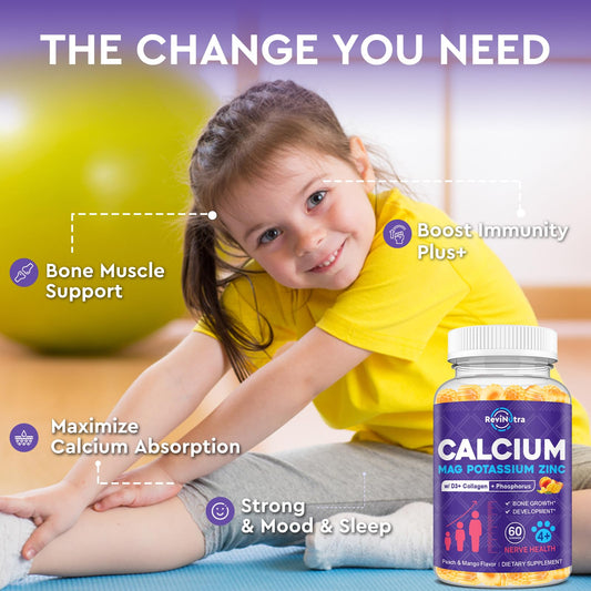 ReviNutra calcium-magnesium-gummies kids-joy close-up showing tasty, family-friendly bone support.