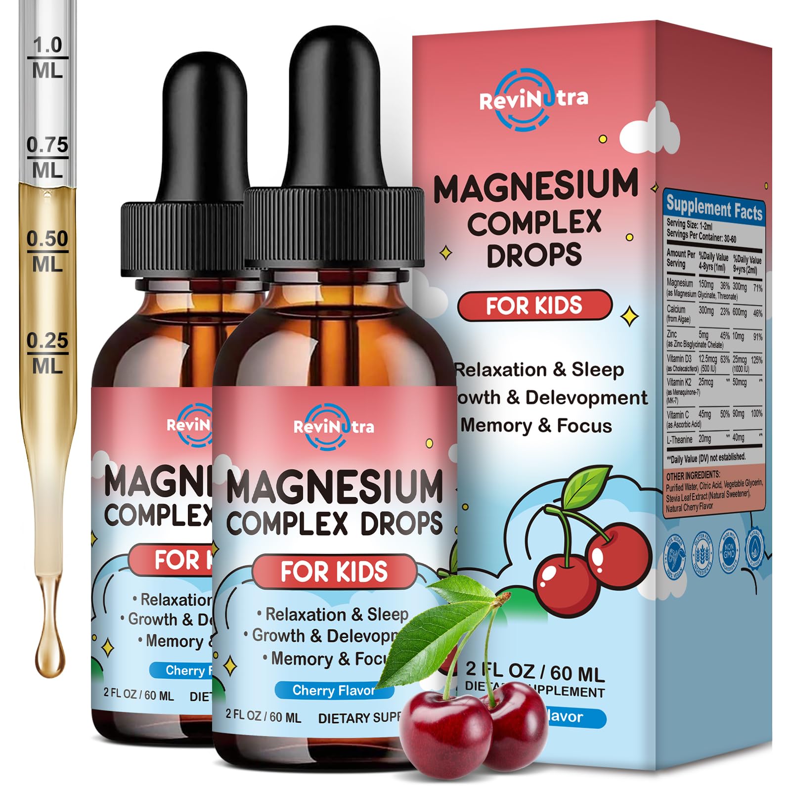 ReviNutra kids magnesium liquid bottle for easy dosing and gentle absorption.