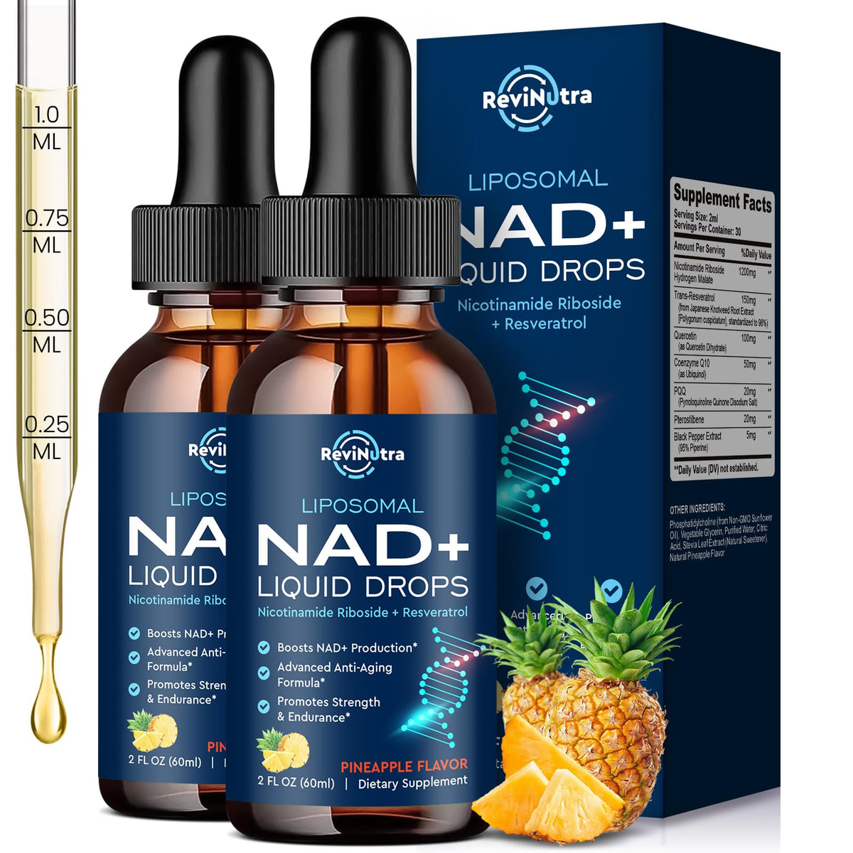 ReviNutra liposomal NAD bottle with pineapple flavor for daily energy support