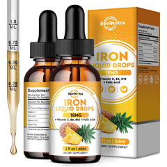 ReviNutra liquid iron drops bottle pour demonstrates an easy daily dose for energy support.