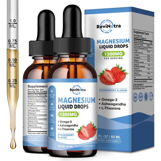 ReviNutra magnesium drops bottle with strawberry flavor for daily calm support