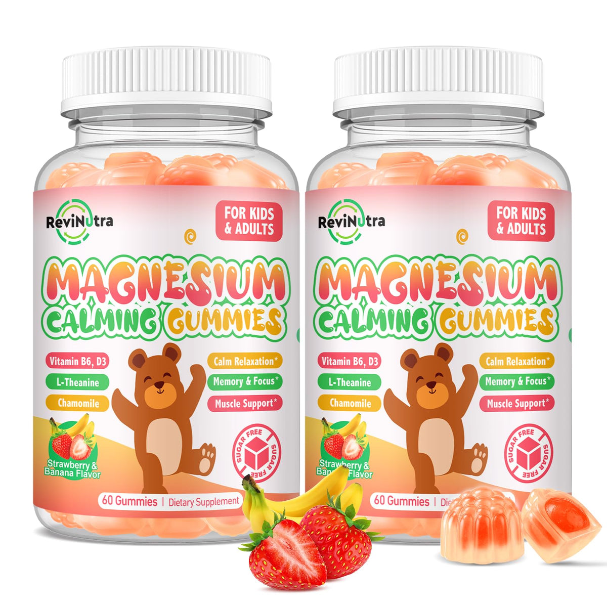 ReviNutra magnesium gummies for kids with banana center promote calm sleep.