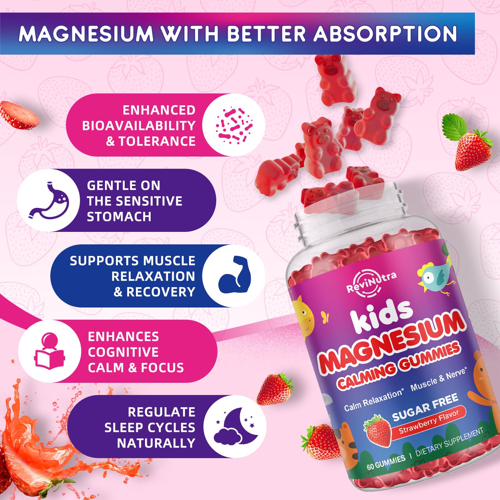 ReviNutra magnesium gummies texture close-up highlighting chewy bite.