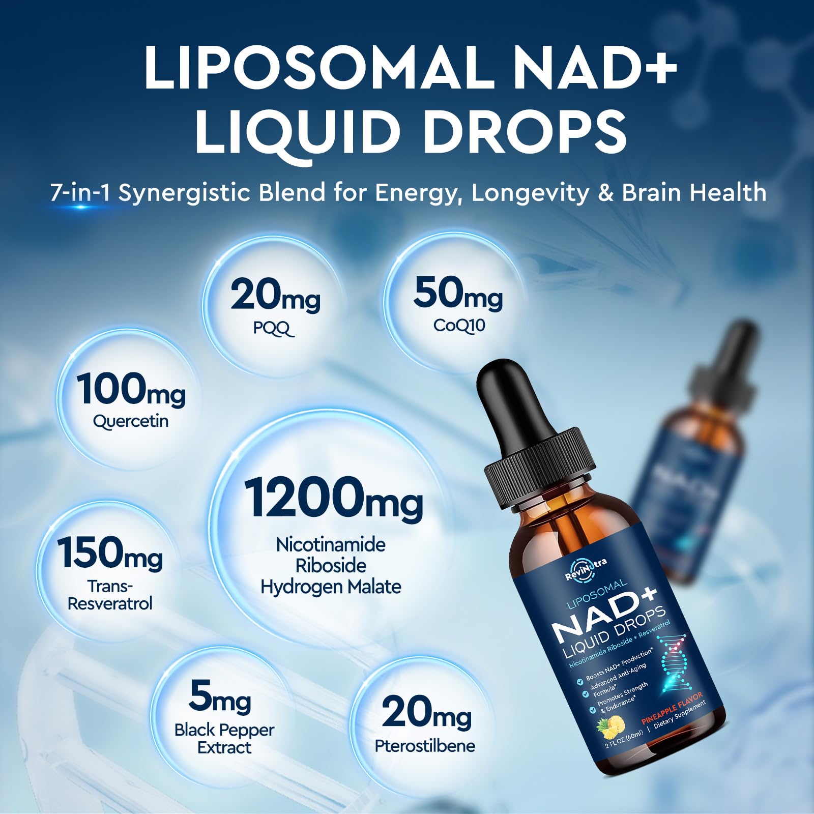 ReviNutra NAD drops in pineapple flavor for daily wellness routine