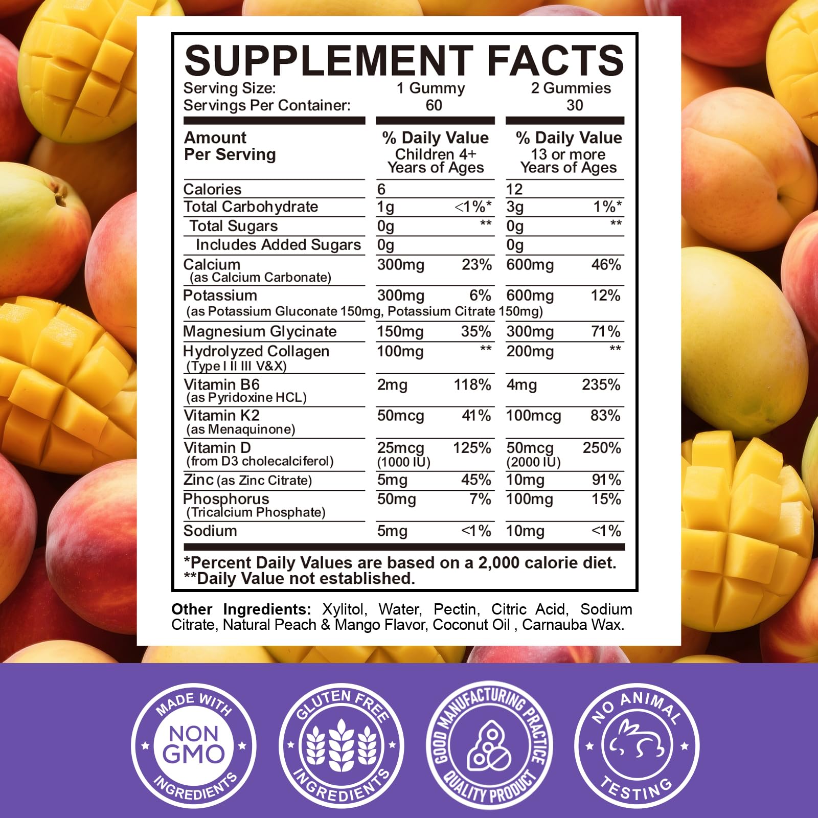 ReviNutra peach-mango-flavor gummies; sugar-free daily dose for tasty nutrient intake.