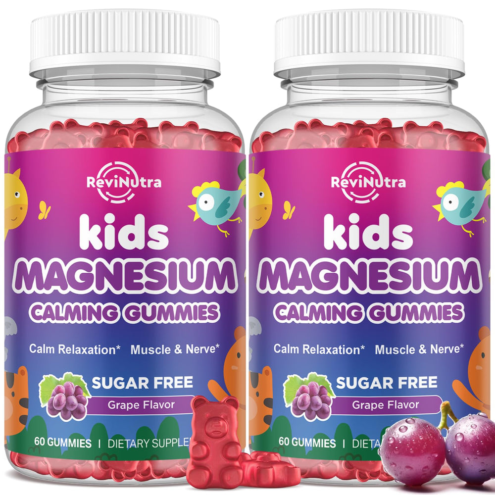 ReviNutra 2Pack Kids Magnesium Glycinate Gummies in grape flavor for daily calm and bone support.
