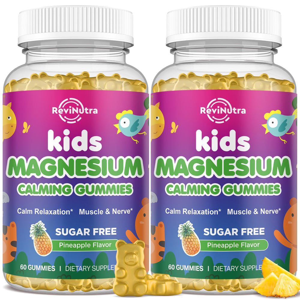 ReviNutra 2-pack Kids Magnesium Gummies bottle front for daily calm and energy support