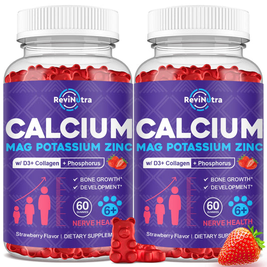 ReviNutra calcium-potassium-magnesium gummies bottle front shows daily bone support.