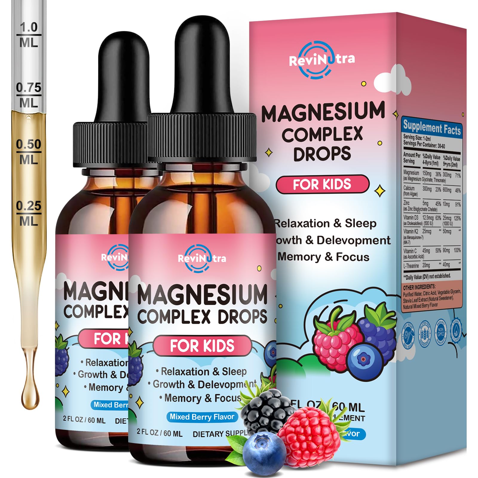 Revinutra calm liquid bottle with mixed berry drops supports calm and restful sleep.