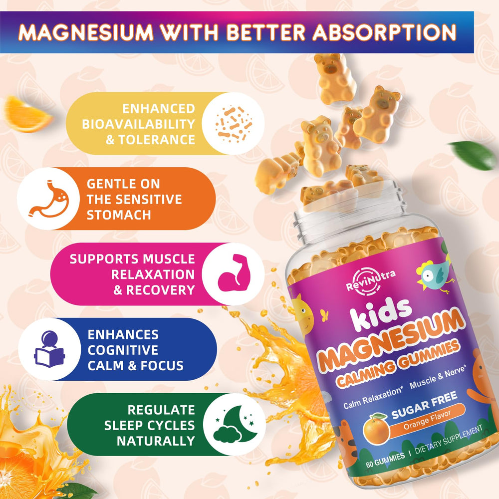 Revinutra Calm Magnesium Gummies orange close-up, tasty sugar-free flavor with magnesium glycinate.