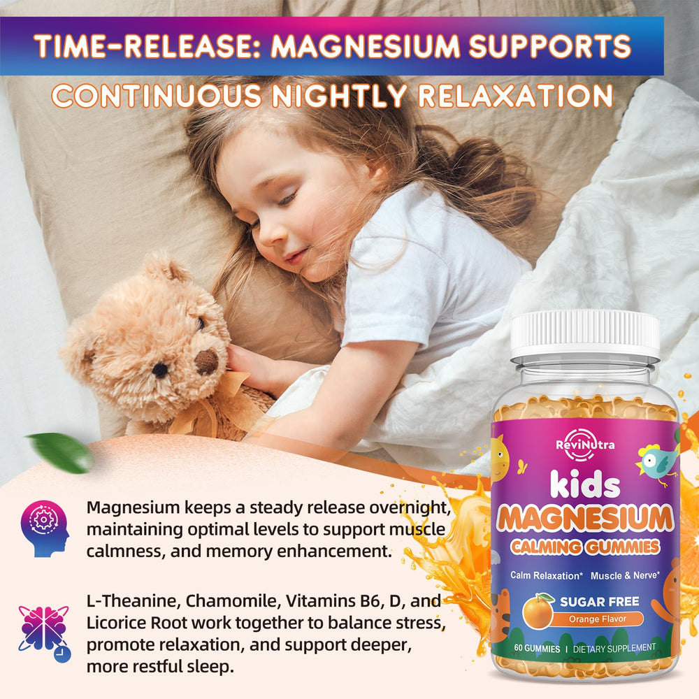 Revinutra Calm Magnesium Gummies texture close-up, chewy and kid-friendly.