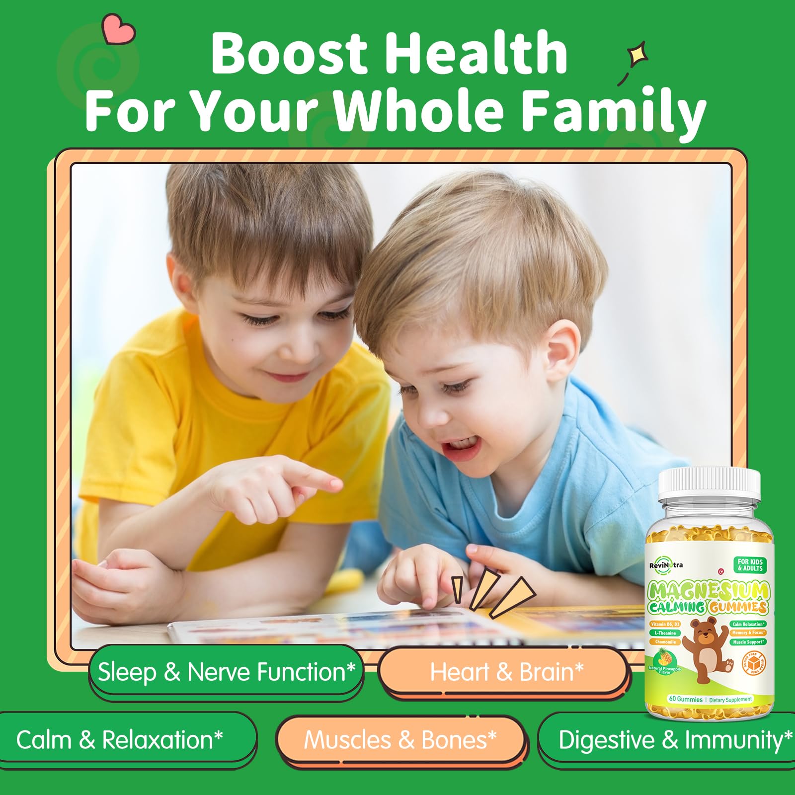 ReviNutra calming blend with lemon balm and chamomile suggests mood and sleep support