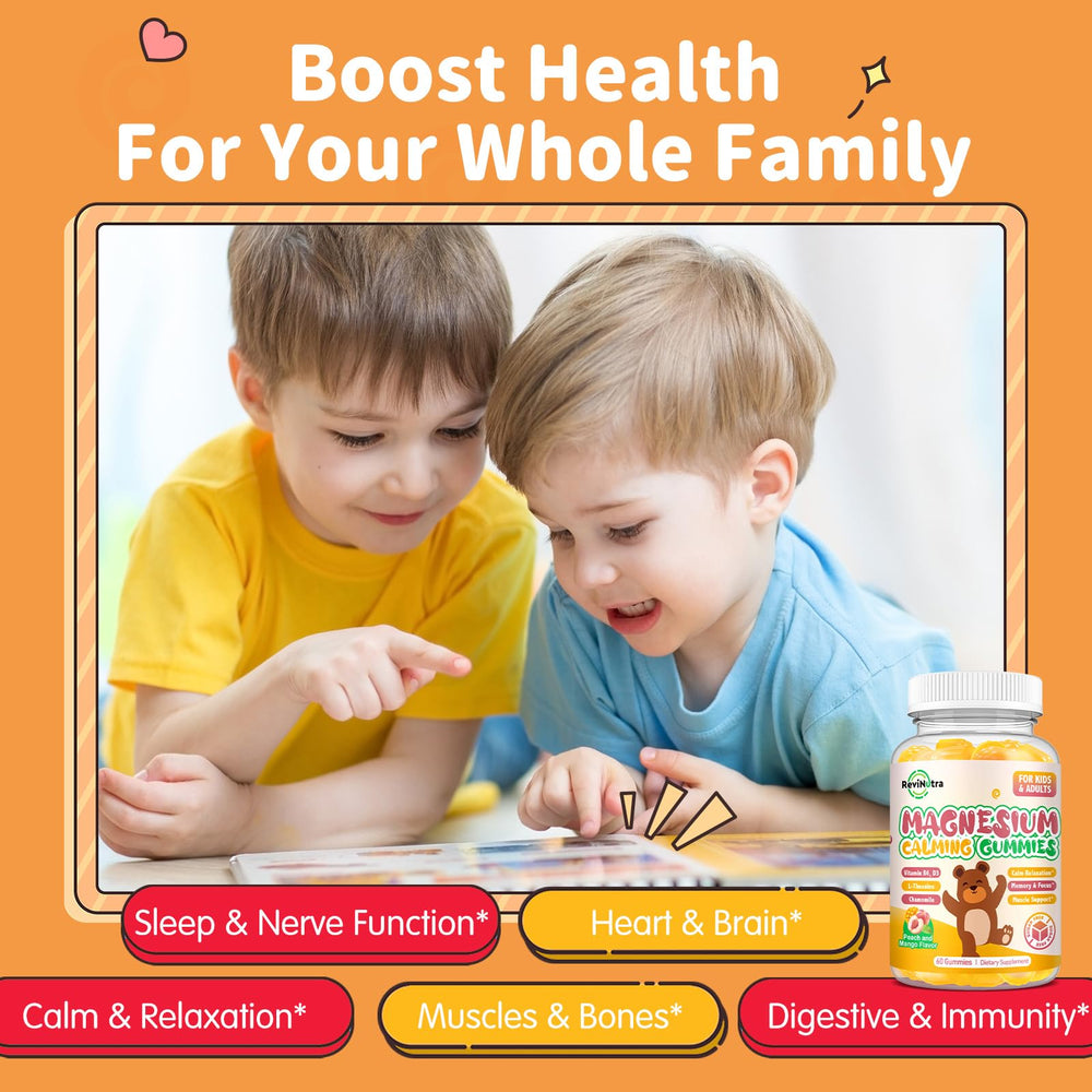 ReviNutra centre-filled mango-peach gummies, two-layer flavor kids love while supporting relaxation