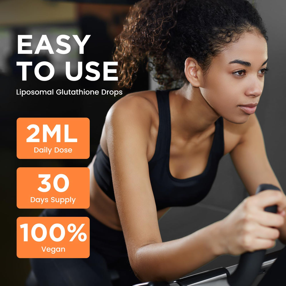 ReviNutra glutathione drops pouring into a glass for quick use.