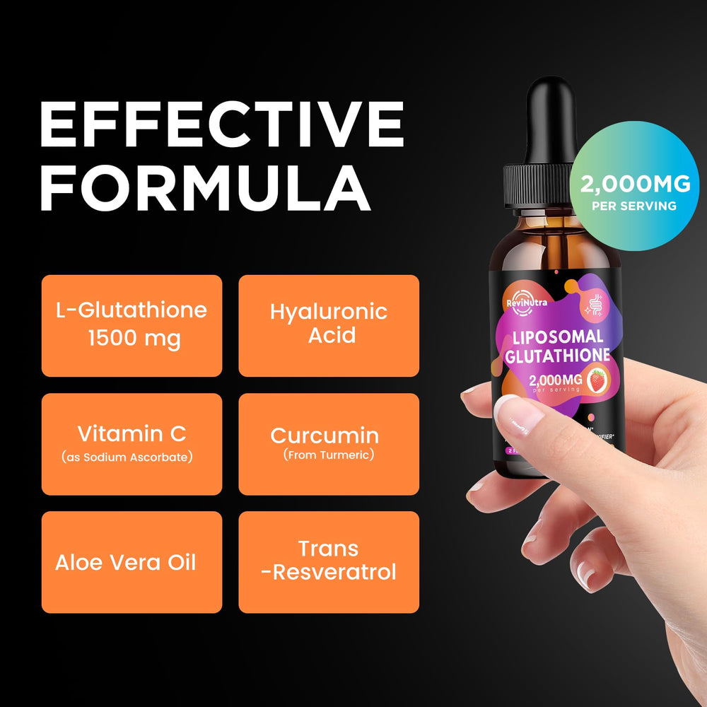 ReviNutra glutathione liquid drops with pipette for easy daily dosing.