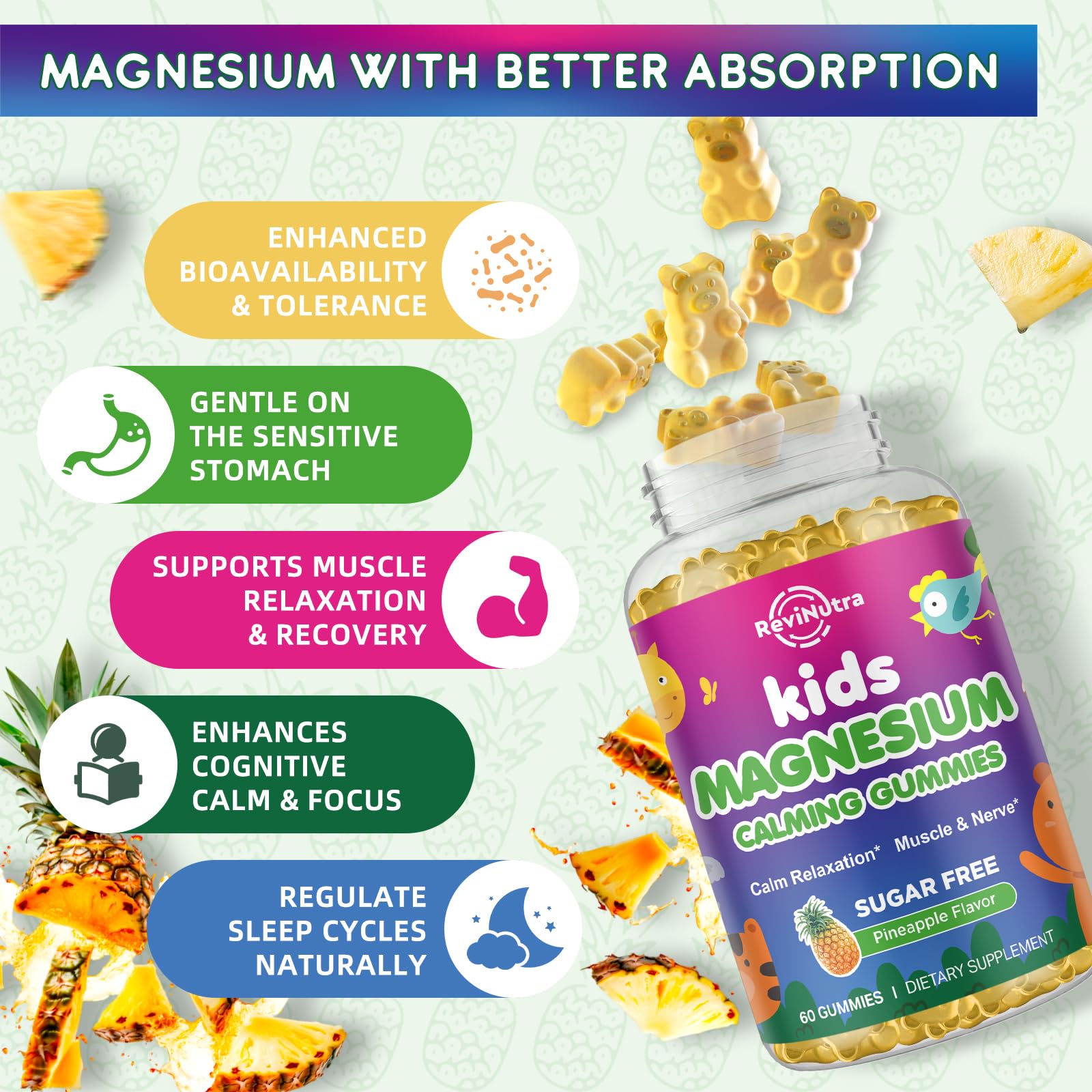 ReviNutra Gummies bottle close-up showing ingredient list with calcium, magnesium, and vitamins
