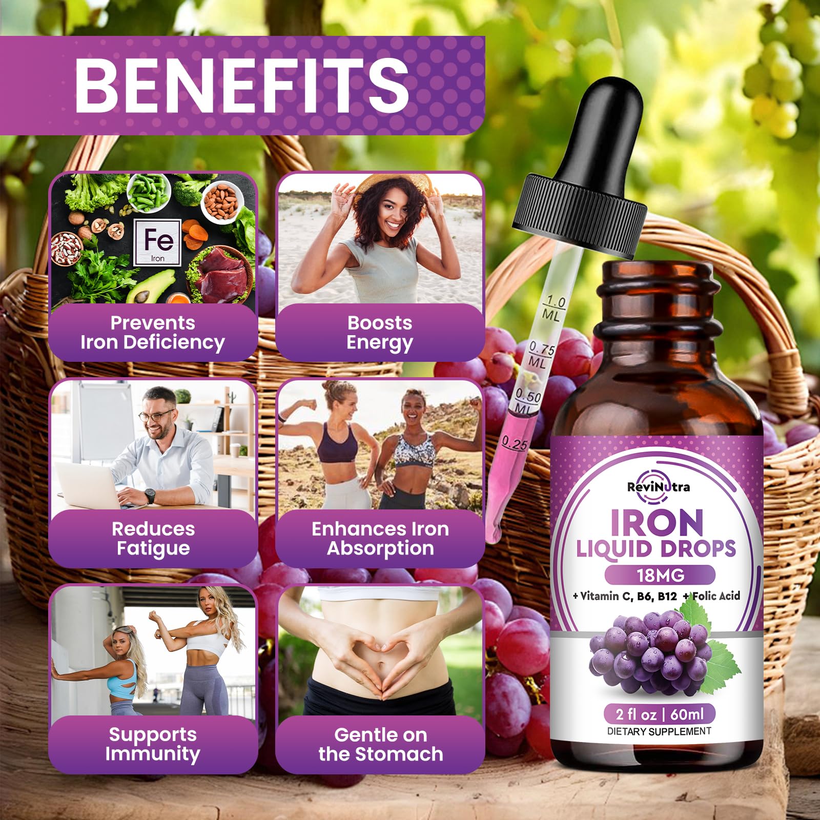ReviNutra iron drops pour bottle enables precise dosing during busy days.