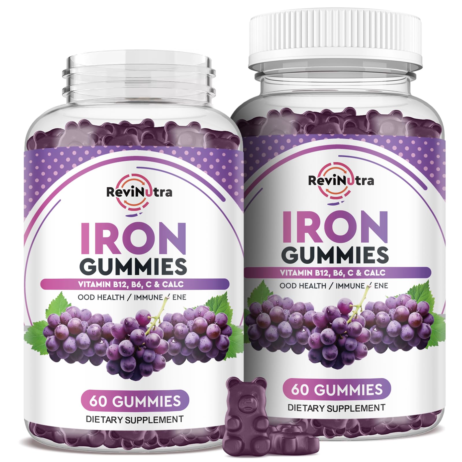 ReviNutra Iron Gummies bottle showing convenient daily iron support with grape flavor.