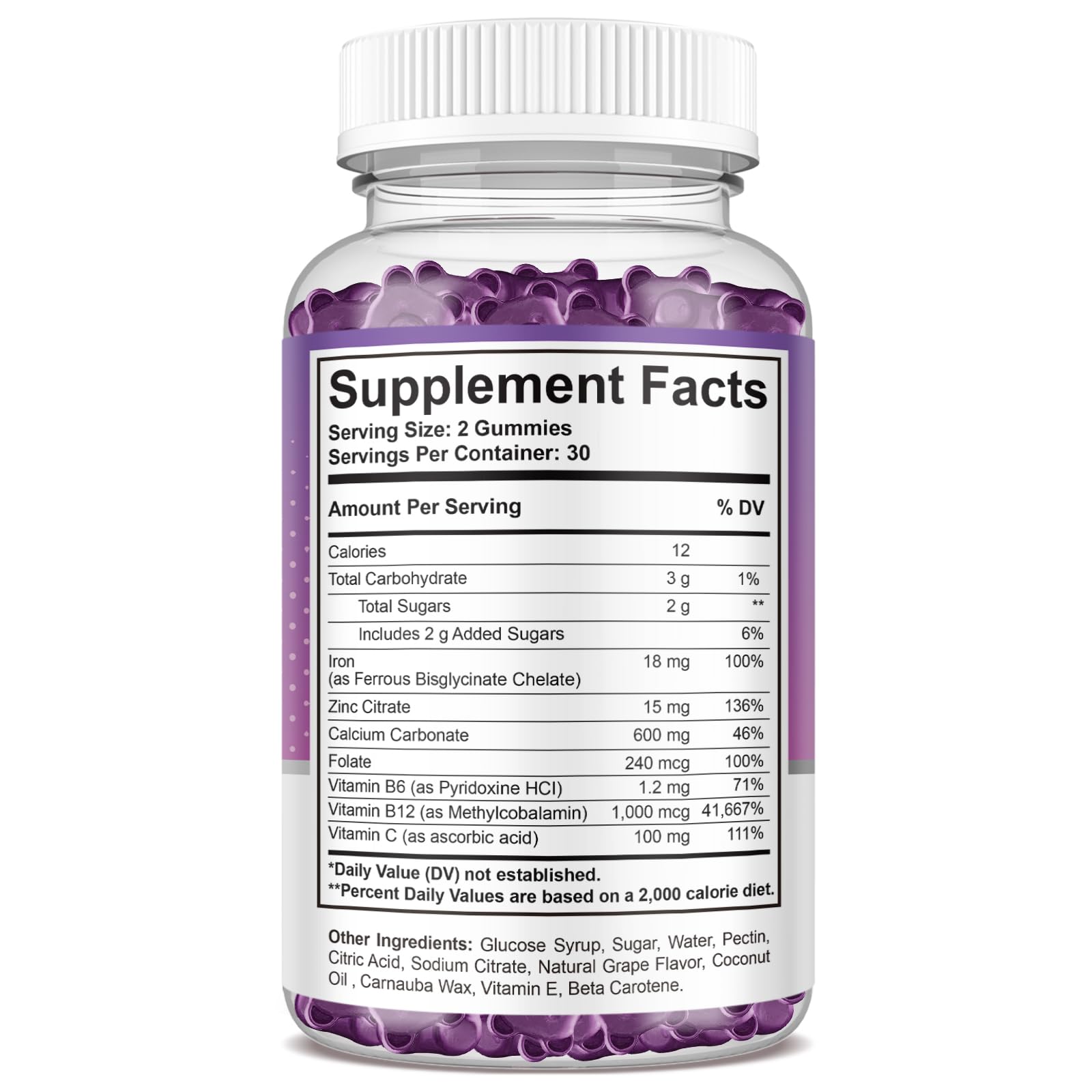 Grape-flavored ReviNutra Iron Gummies close-up emphasizing tasty chewable iron.