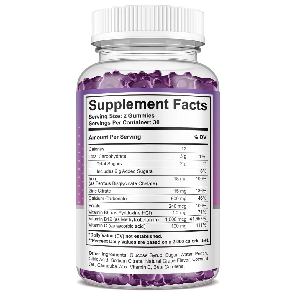 Grape-flavored ReviNutra Iron Gummies close-up emphasizing tasty chewable iron.