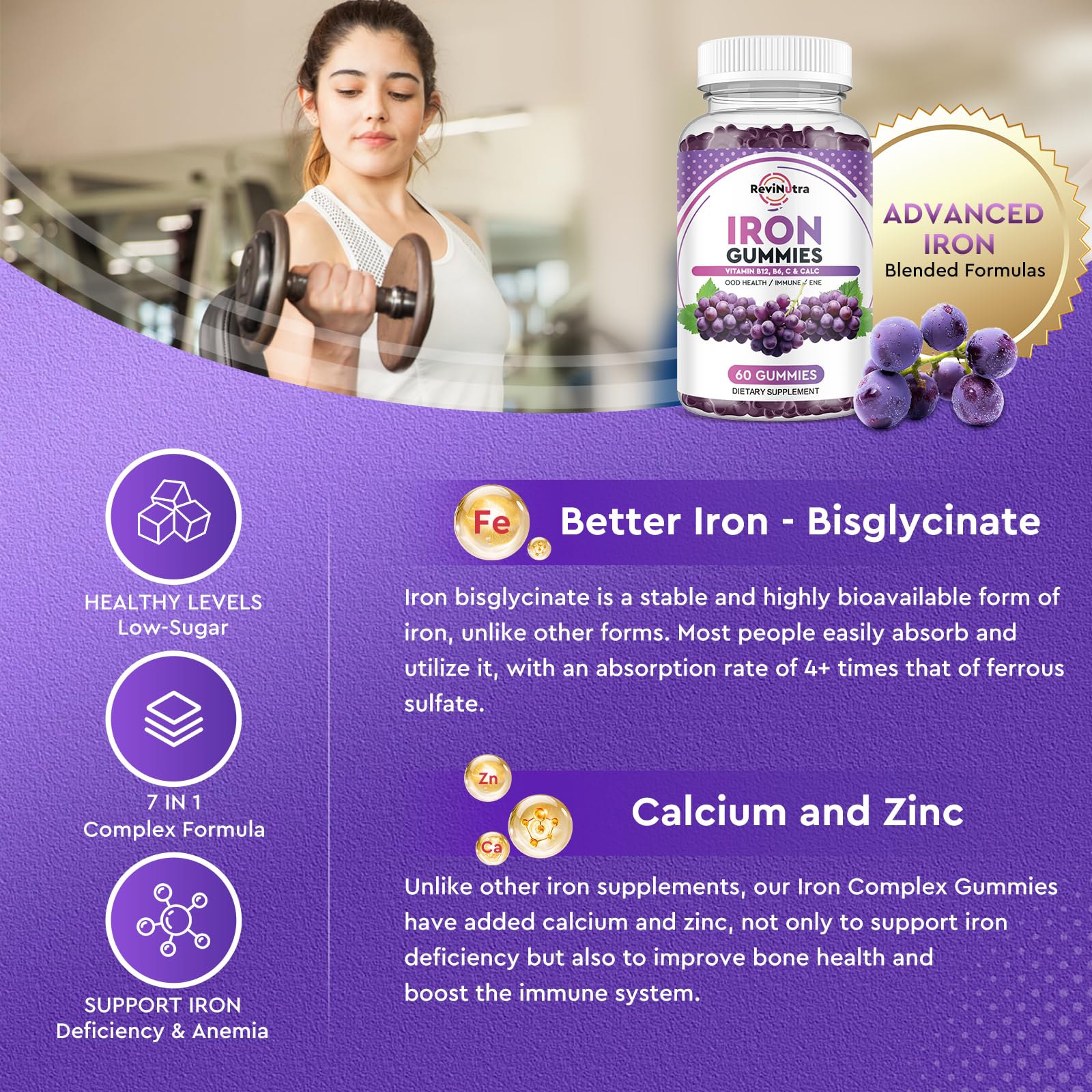 Nutrition facts panel for ReviNutra Iron Gummies highlighting minerals like calcium and zinc.