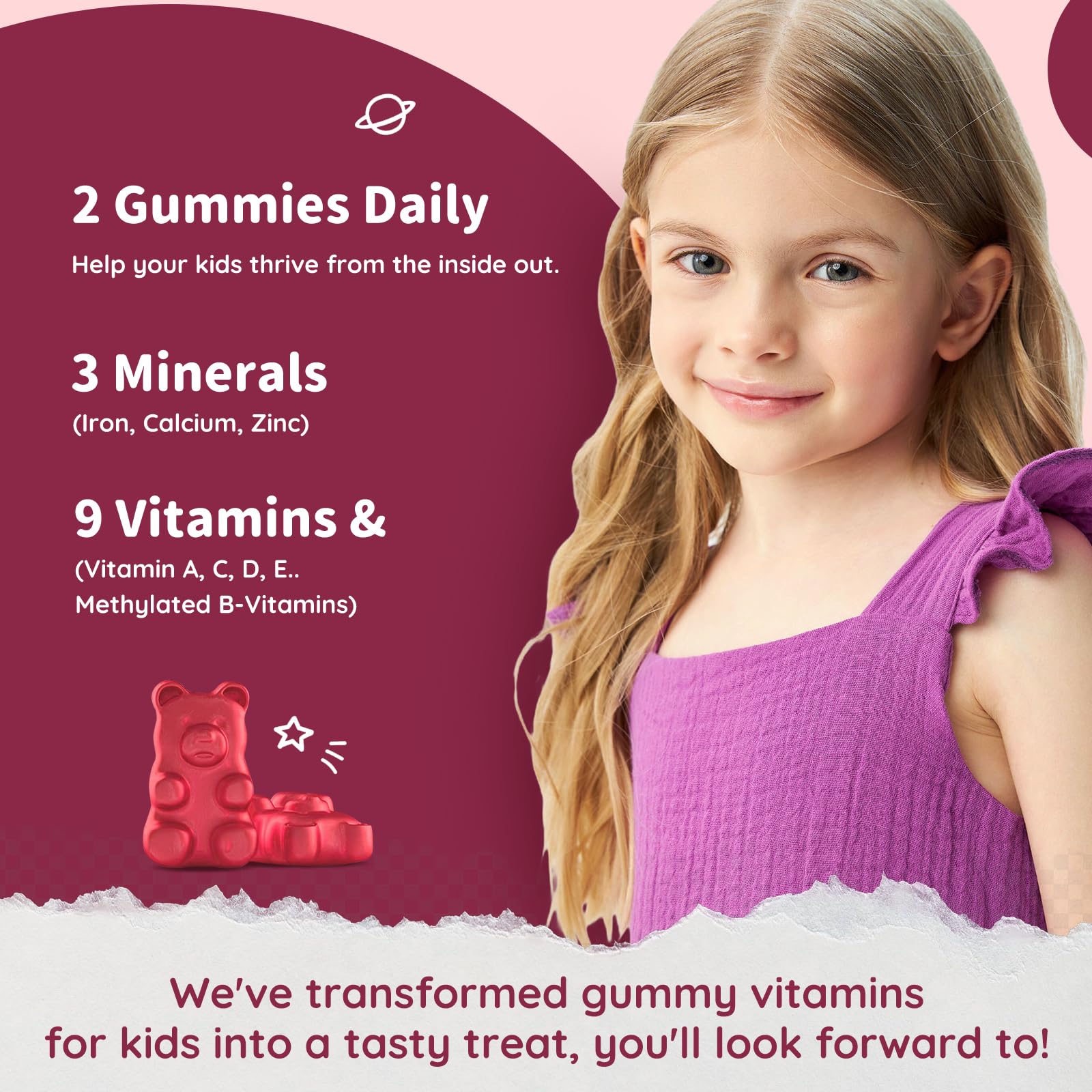 ReviNutra kids gummies strawberry flavor close-up highlights tasty nutrition