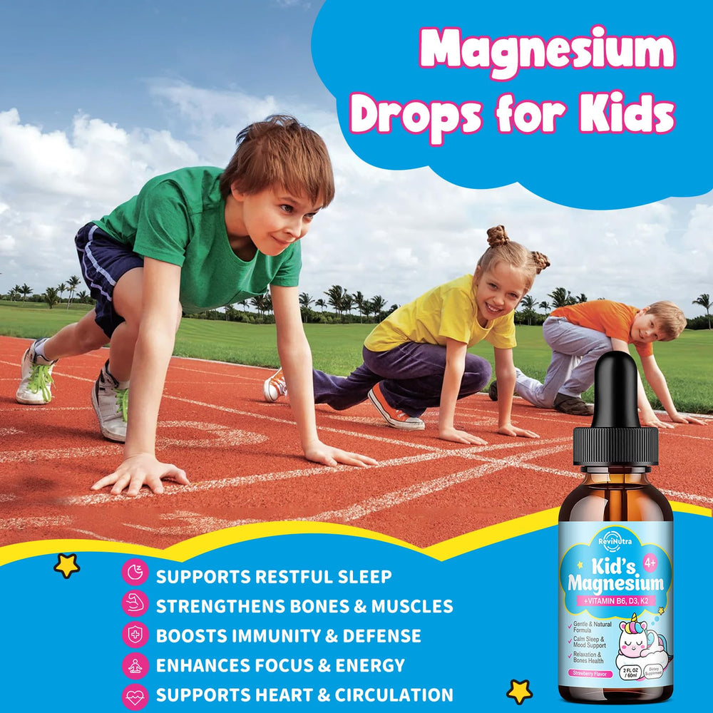 ReviNutra Kids drops at bedtime scene promoting restful sleep.