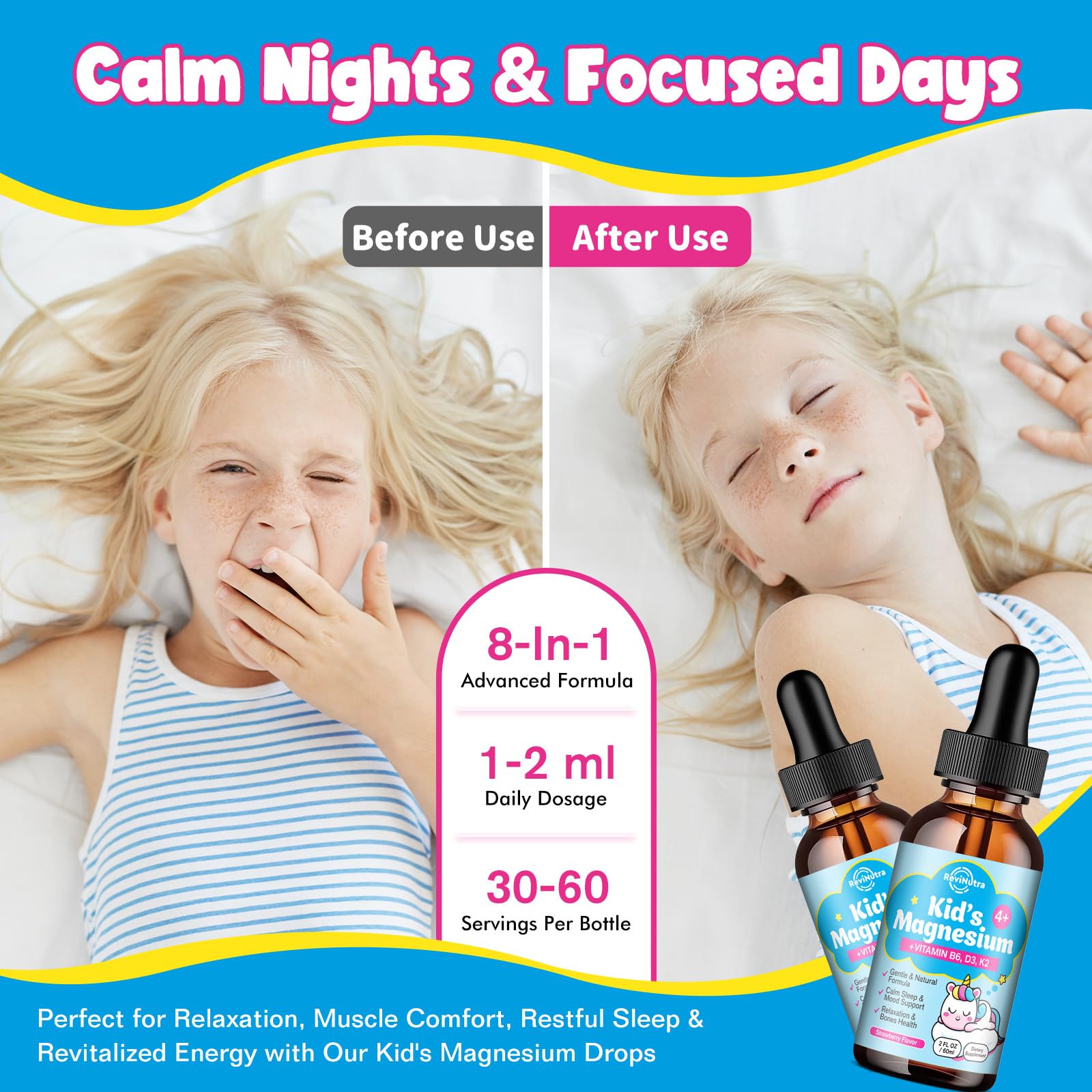 ReviNutra Kids chamomile in drops offers soothing aroma for winding down.