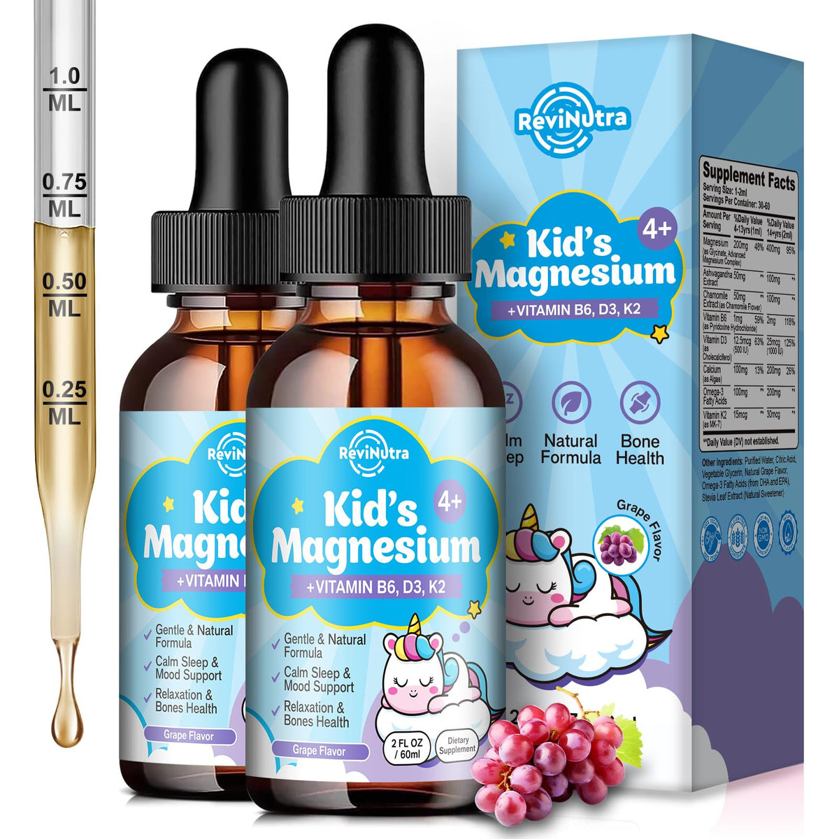 ReviNutra Kids magnesium glycinate liquid drops bottle promotes calm sleep