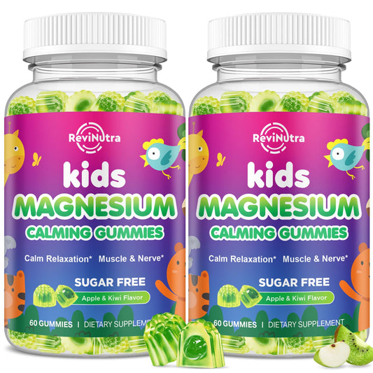 ReviNutra kids magnesium gummies bottle with apple kiwi flavor for daily calm.