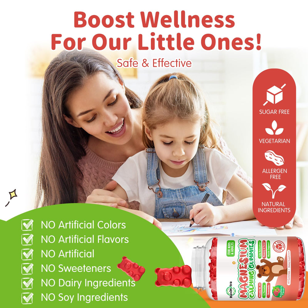 ReviNutra Kids Magnesium Gummies L-Theanine ingredient promotes calm focus.