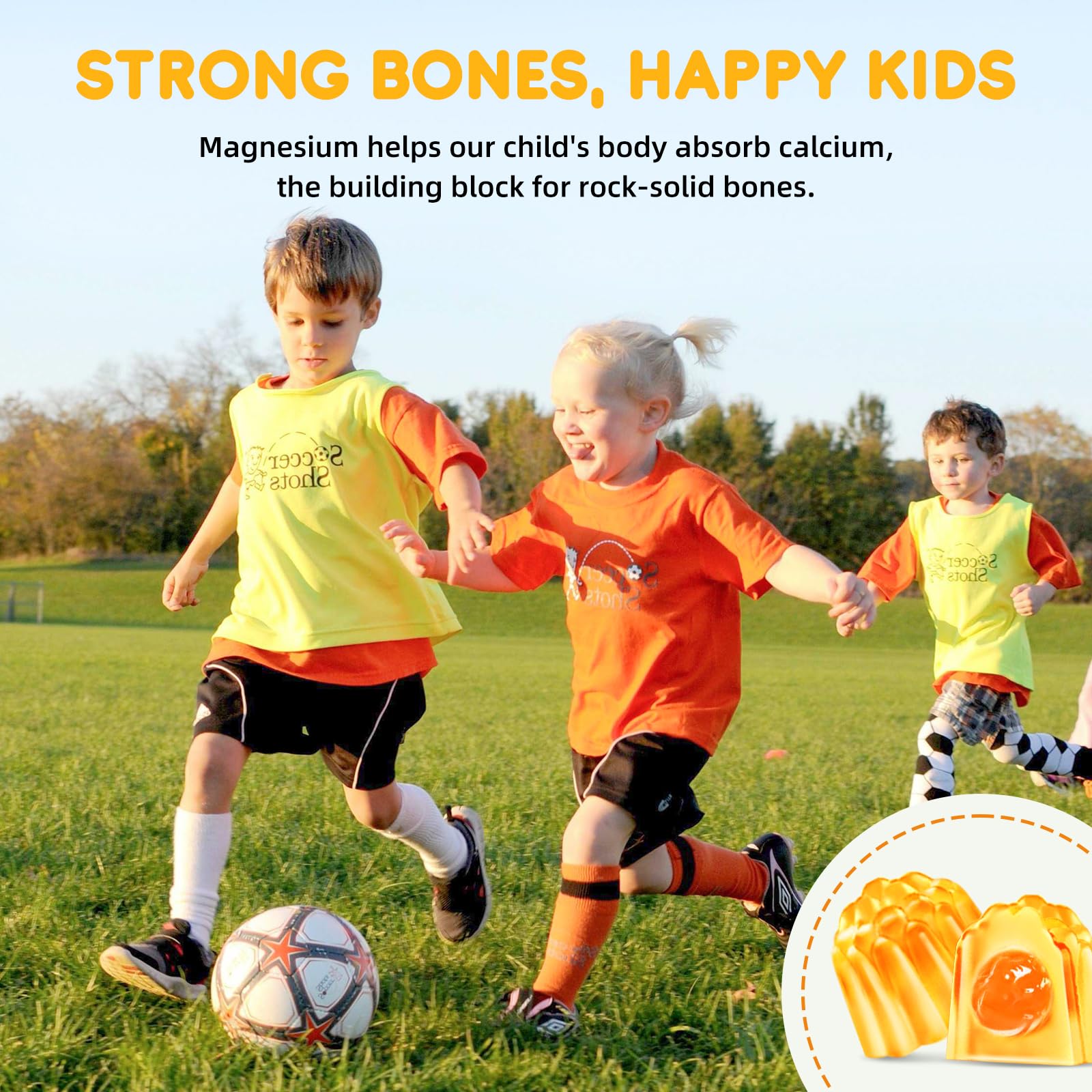 ReviNutra Kids Magnesium Gummies serving image showing chewable ease for bedtime wind-down