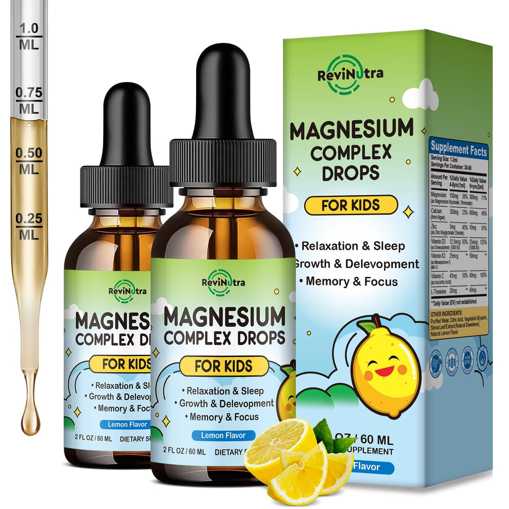 ReviNutra Kids Magnesium Liquid bottle on table supporting calm evenings