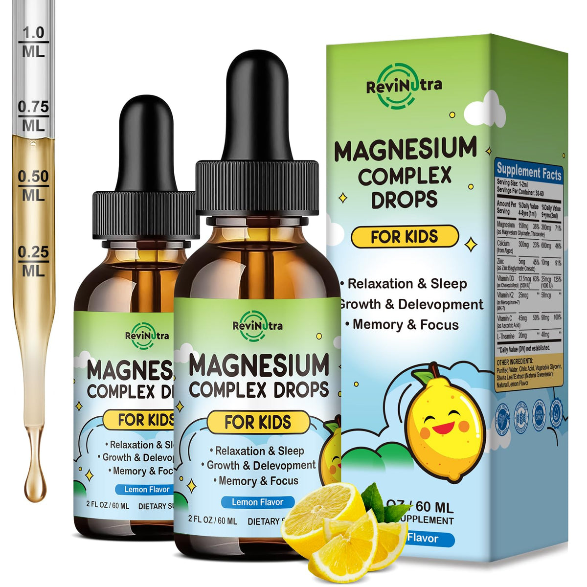 ReviNutra Kids Magnesium Liquid bottle on table supporting calm evenings