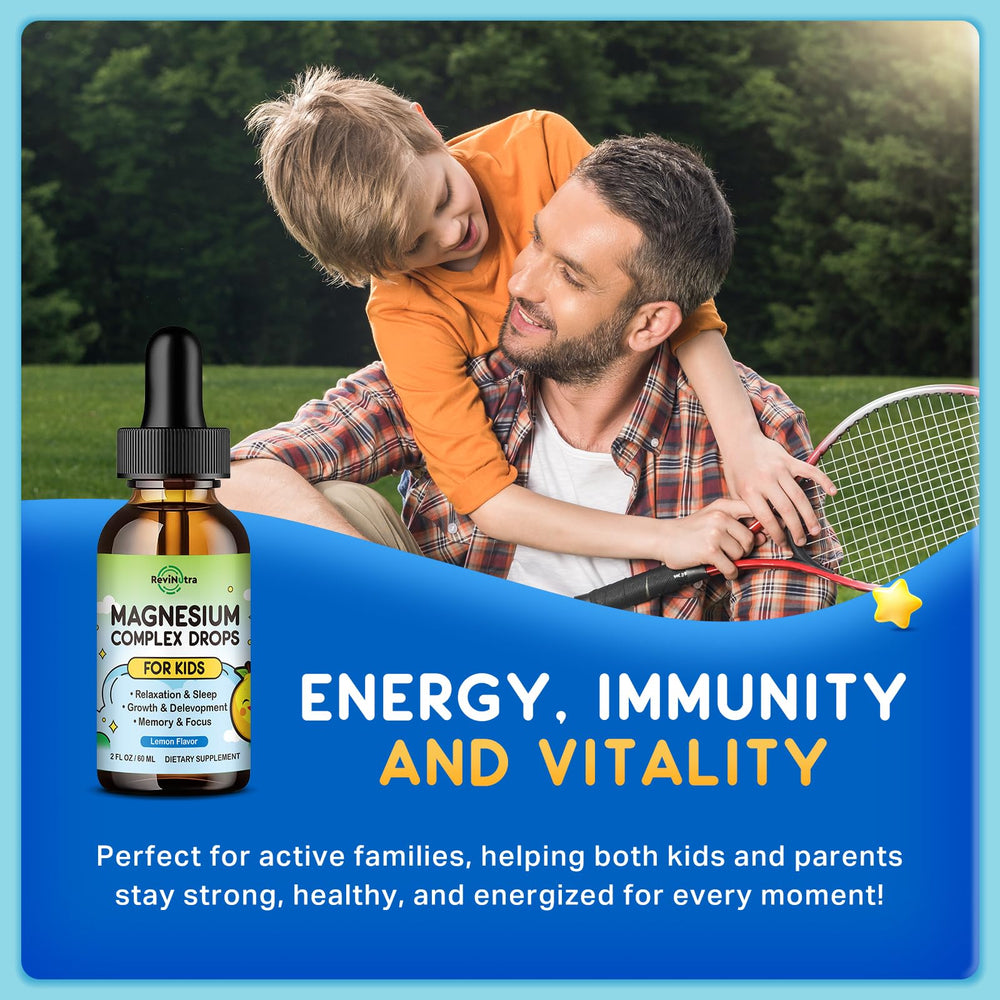 ReviNutra Kids Magnesium Liquid bottle with family use scenario