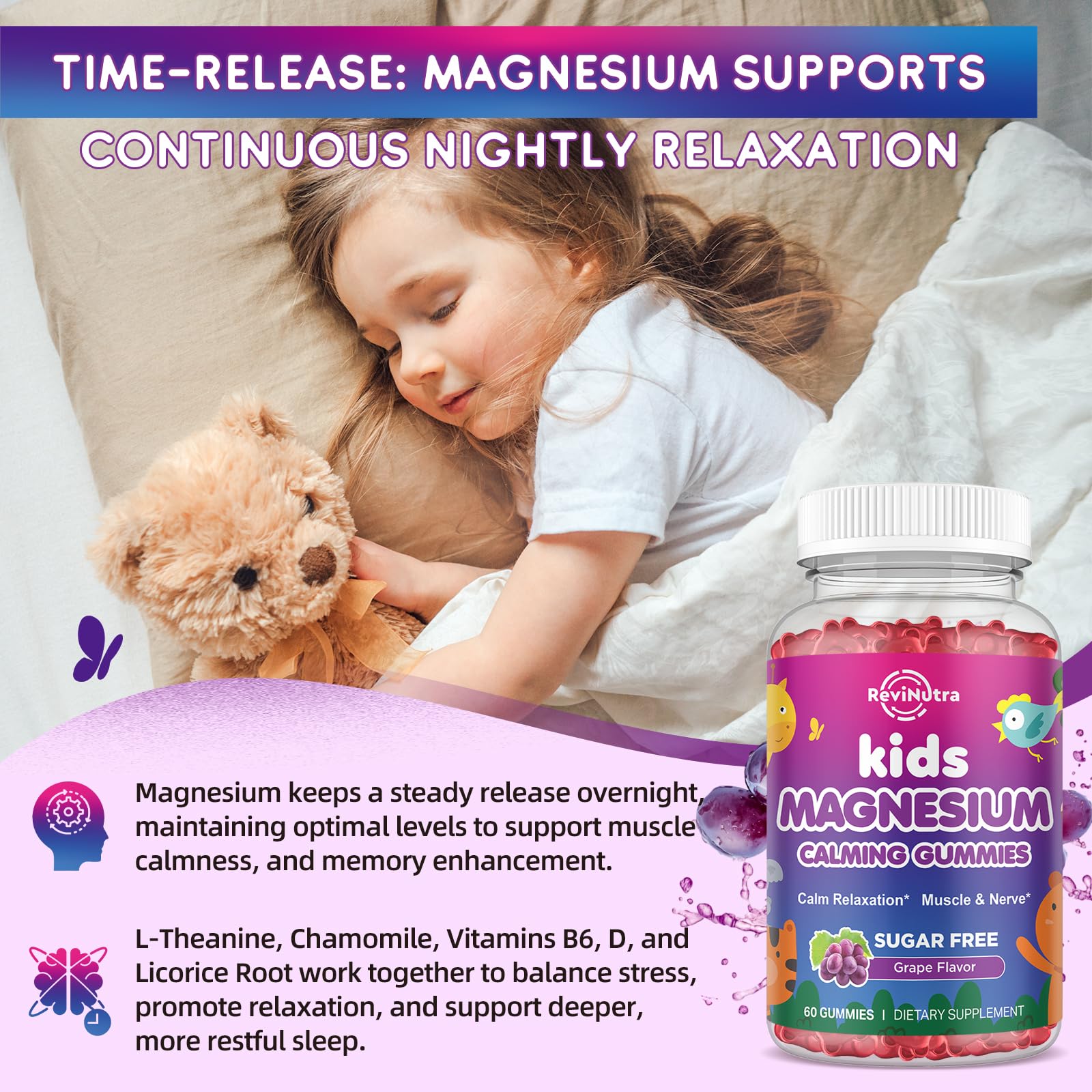 A child enjoys a grape gummy as part of a soothing bedtime routine.