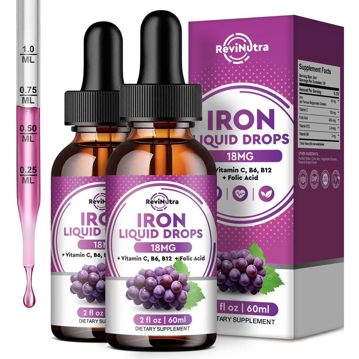 ReviNutra liquid iron bottle with grape flavor supports easy daily intake.