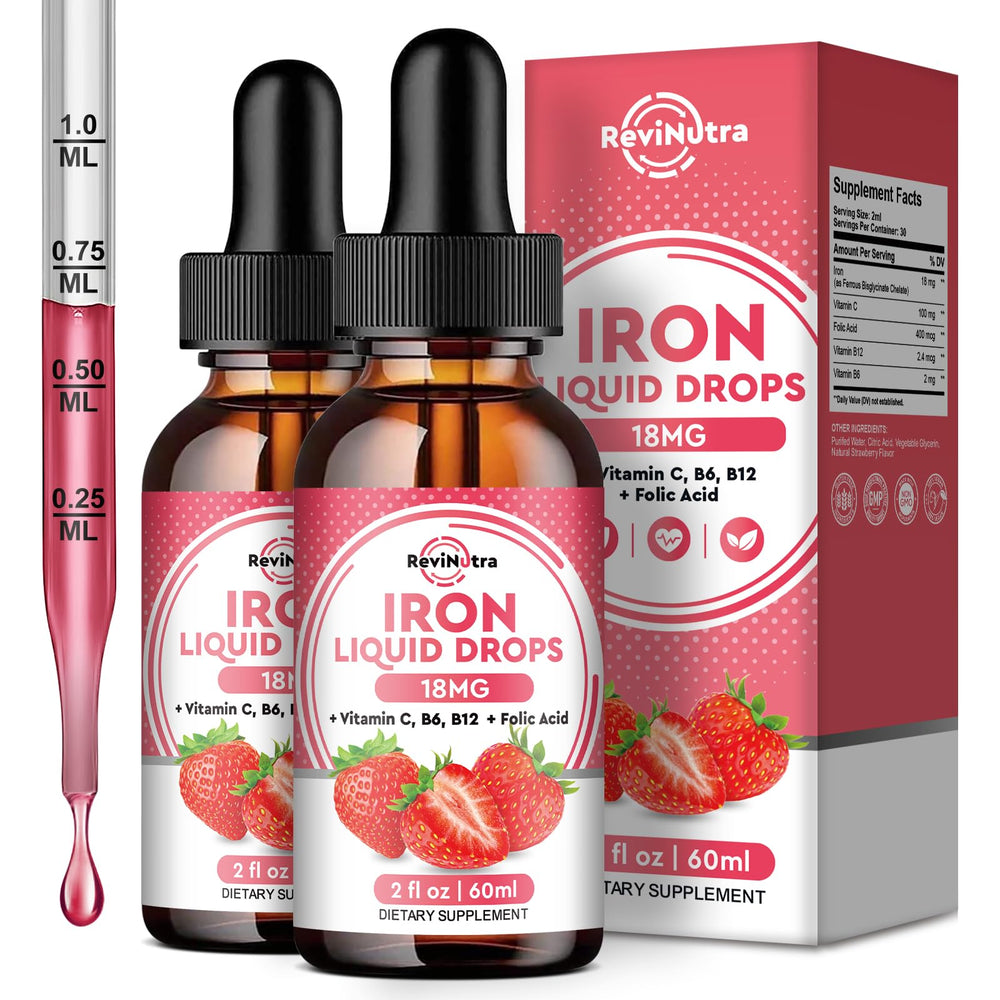 ReviNutra liquid iron drops bottle showing the enhanced iron formula for energy support.