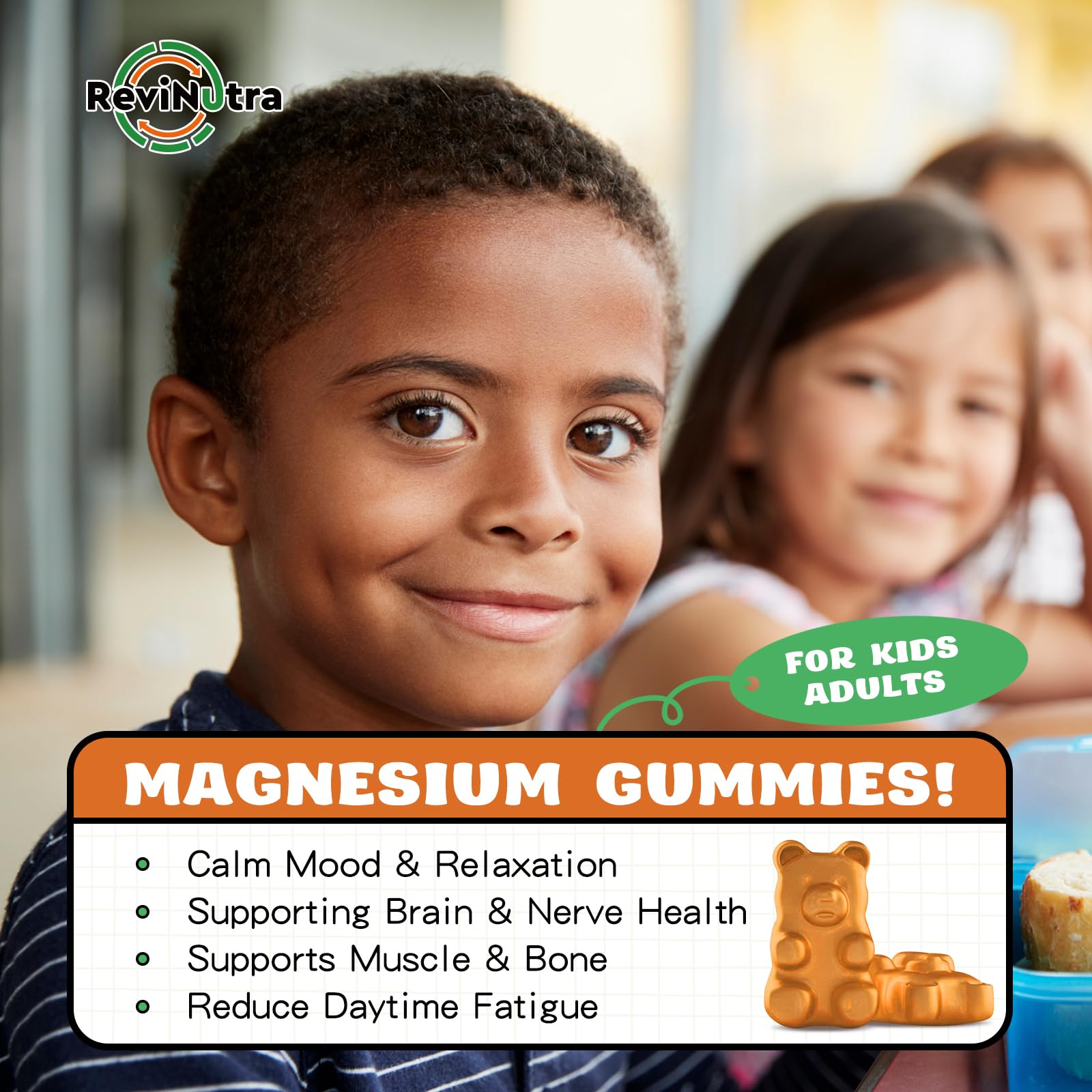 ReviNutra Magnesium Complex gummies closeup, easy chew for family mood support