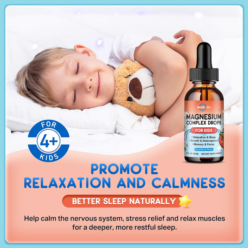 ReviNutra magnesium kids drops label shows ingredients and usage for informed daily use