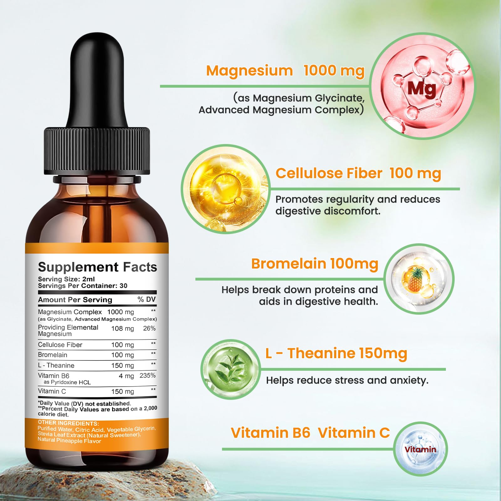 ReviNutra magnesium liquid drops dosing pipette shows easy 2 mL measurement