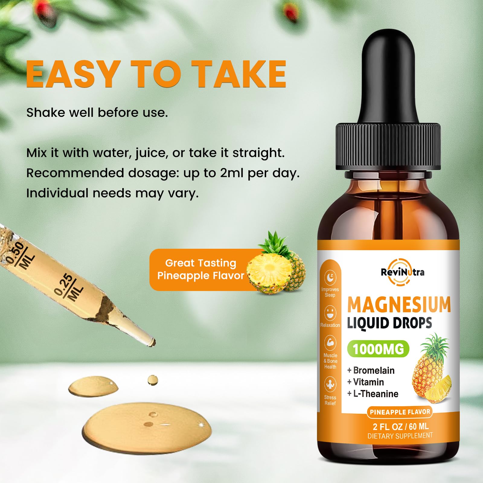 ReviNutra magnesium liquid drops mixed with water for versatile use