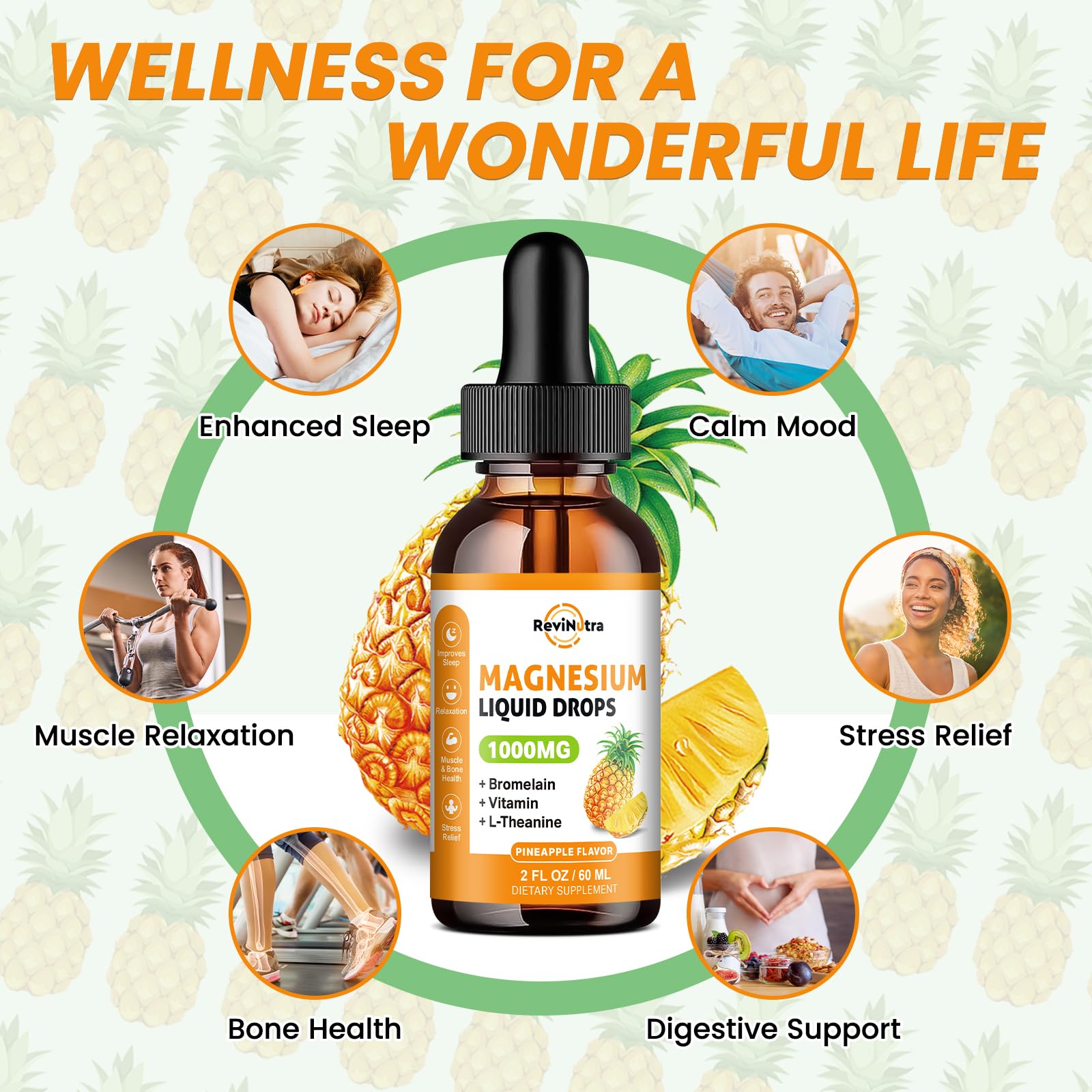 ReviNutra magnesium liquid drops pineapple flavor label highlights easy, fast absorption