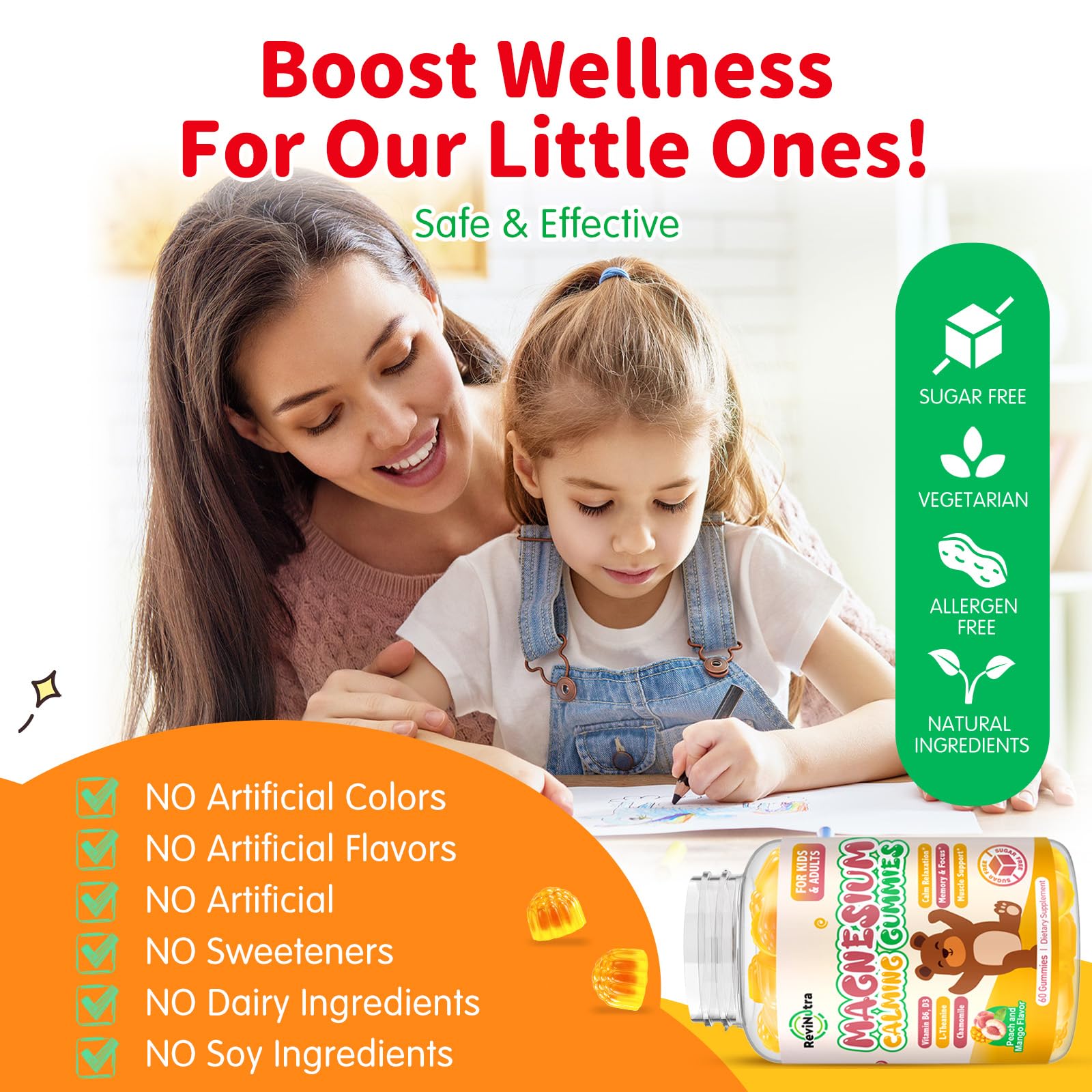 ReviNutra sugar-free vegan badge on bottle, convenient daily use for families